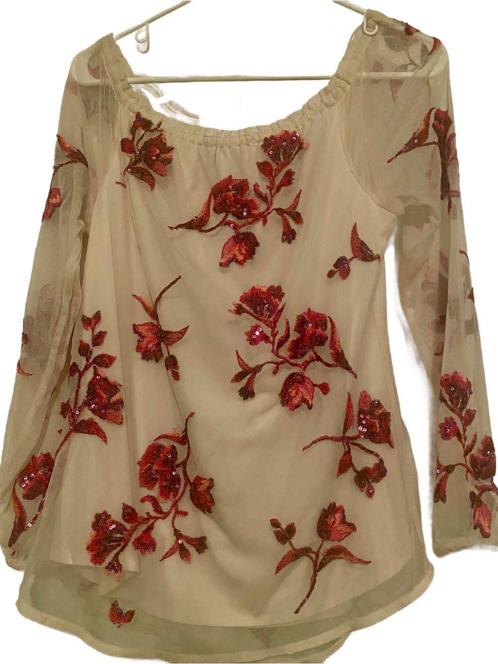 White House Black Market Cream Sheer Blouse with Red Floral Embroidery